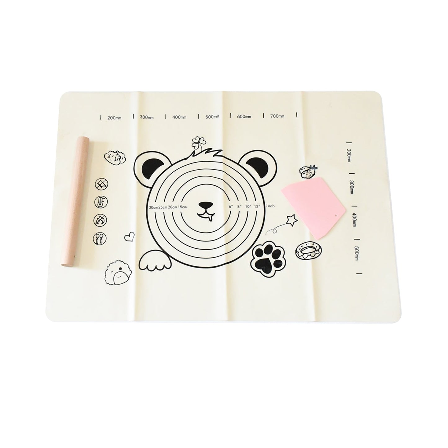 3 In 1 Low Silicone Baking Mat With Wooden Belan Cake Scraper (3 Pcs Set 7050 Cm)