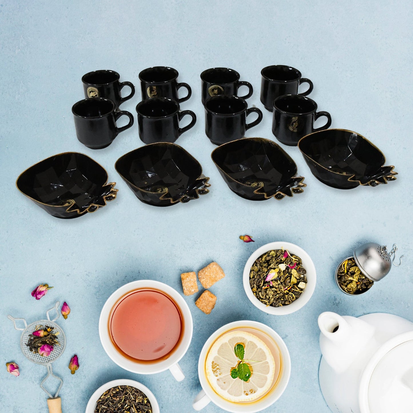 Pine Junction Ceramic Tea Cups Mug Set With Pineapple Shape Serving Bowl (12 Pcs Set)