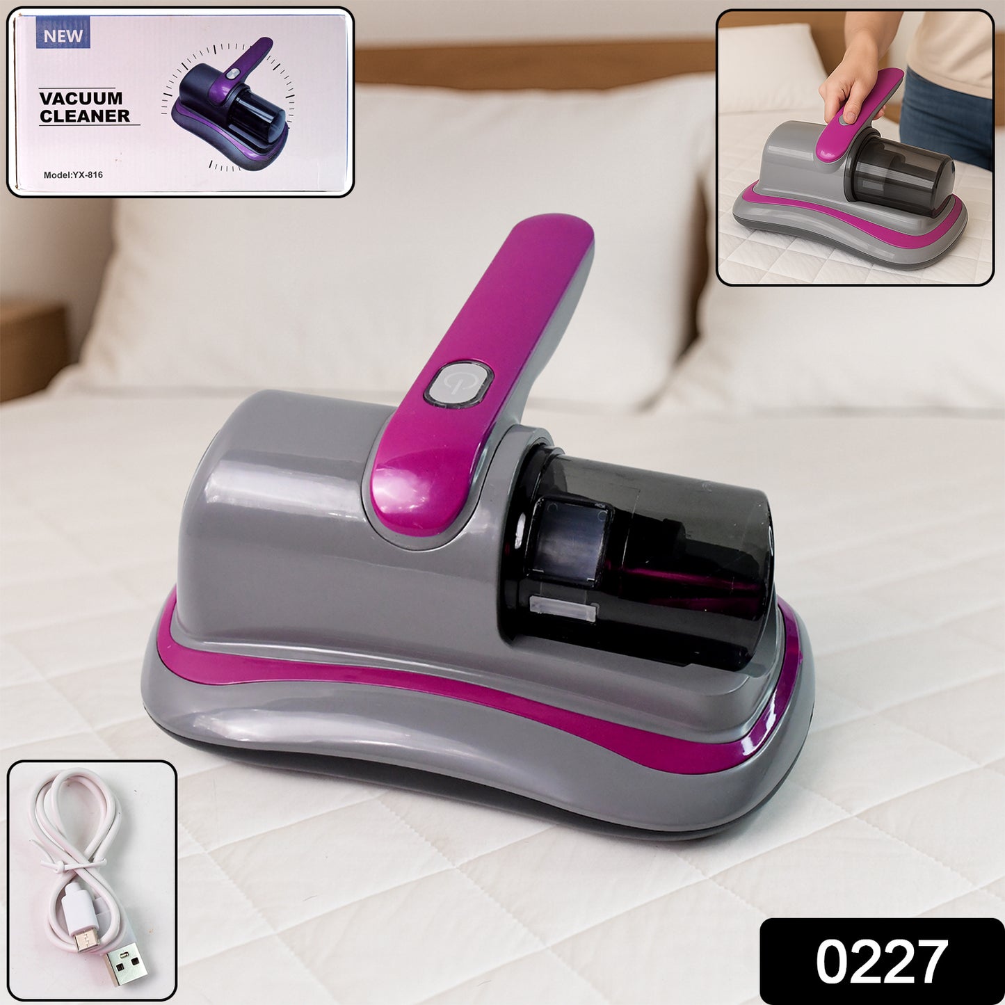 0227 Powerful Suction Portable Handheld Vacuum Cleaner - Low Noise Vacuum Cleaner For Bed - Cordless Vacuum Cleaner For Car Seat Crevices Pillows Mattresses Sofas Wireless Anti Dust And Mite Cleaner
