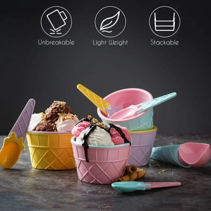 5321  Ice Cream Bowl  Spoon Set Plastic Solid Colour Cream Cup Couple Bowl With Spoon. Ice Cream Spoon  Bowl Set 12 Pc Set Of Ice Cream Bowl  Spoon (Multi Color)