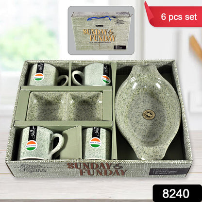 8240 Sunday Funday Ceramic Tea  Cups  Mug With Plastic Snacks Platter And 2 Compartment Chutney Bowl Milk Cup Coffee Cup Breakfast Cup Drinking Mug Or Outdoor For Household Gift For Birthday Wedding Party (6 Pcs Set)